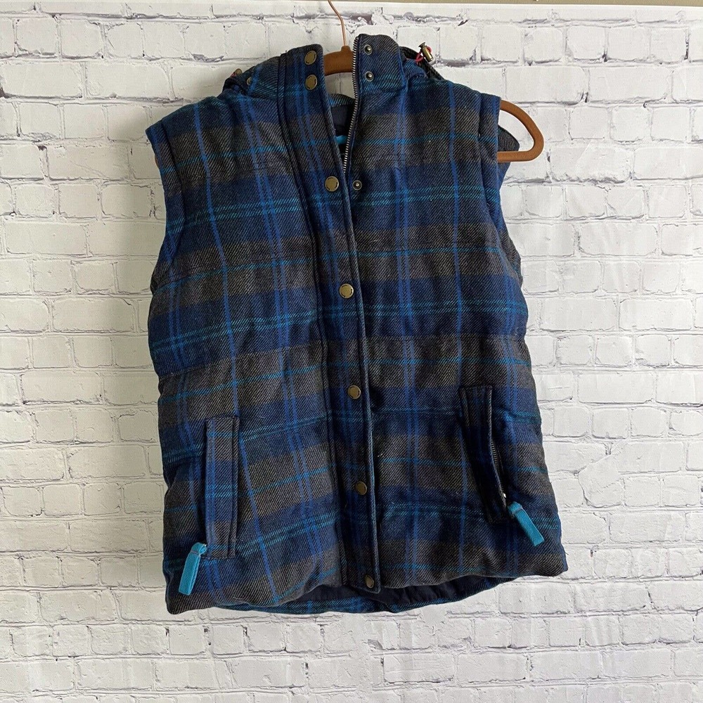 Boden Vest Womens Size 8 Plaid Wool Down Feathers Hooded Insulated Snap Quilted
